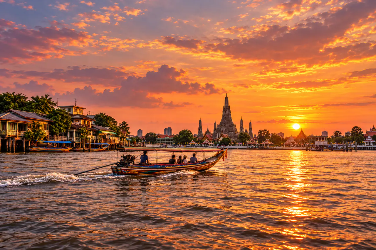 Wat Arun (Temple of Dawn) and a long-tail boat on the Chao Phraya River in Bangkok at sunset