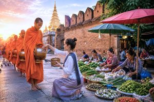 Chiang Mai Sunrise Almsgiving & Local Morning Market Walk